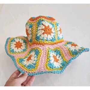 Handmade Vintage Crochet Bucket Hat Colorful Granny Squares Boho Festival Y2K